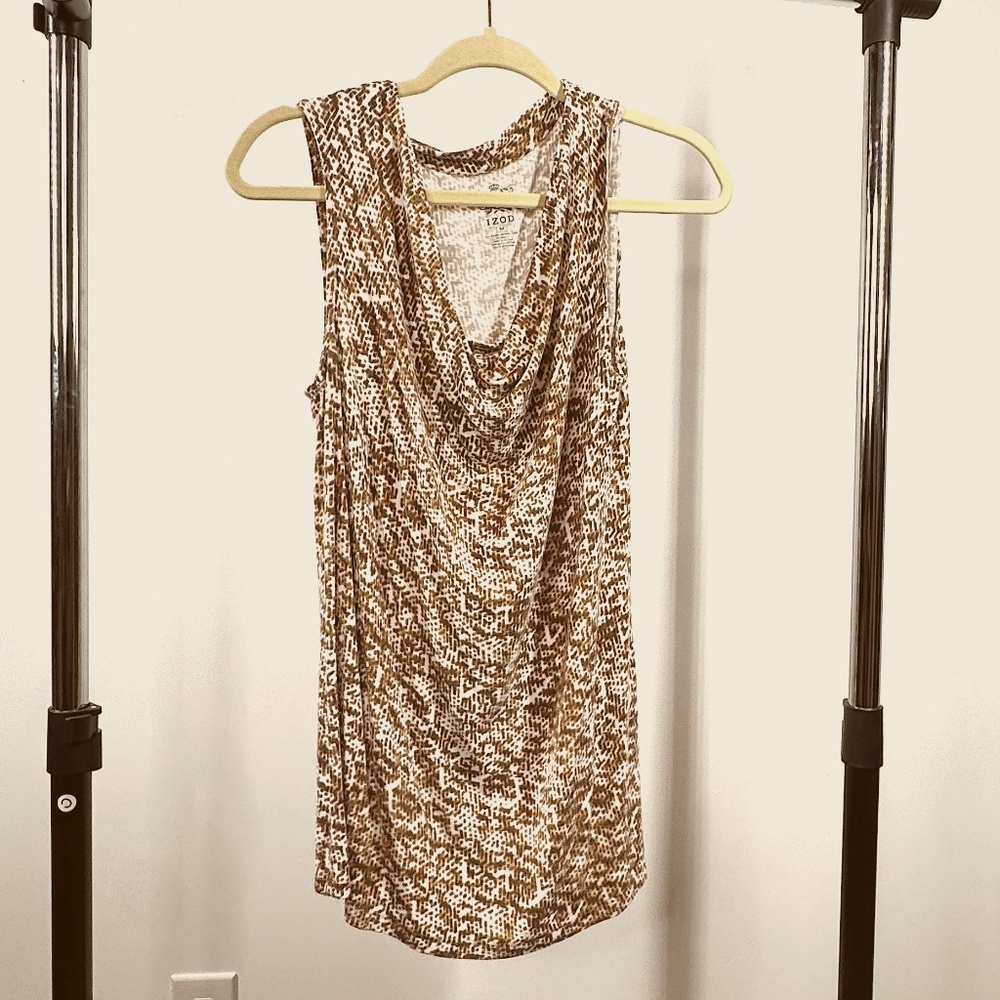 IZOD  Brown & White Abstract Print Sleeveless Cowl Neck Top – Size M